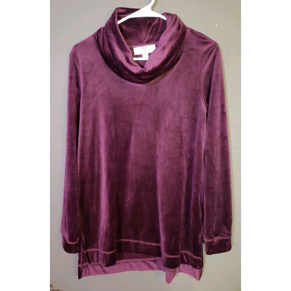 M Magaschoni Women's Medium Velour Cowl Neck Plum Purple Tunic Sweater Luxe Soft